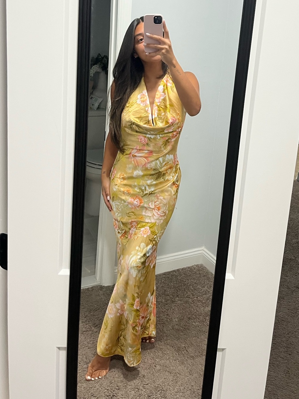 See You Monday Yellow Floral Cowl Maxi Dress